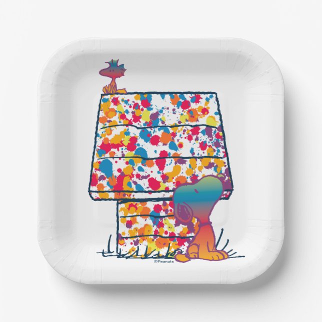 Plato De Papel Cacahuetes | Pintura arcoiris de Snoopy y Woodstoc (Anverso)