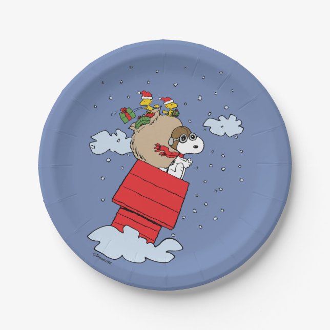 Plato De Papel Cacahuetes | Snoopy el hielo volador a los Navidad (Anverso)