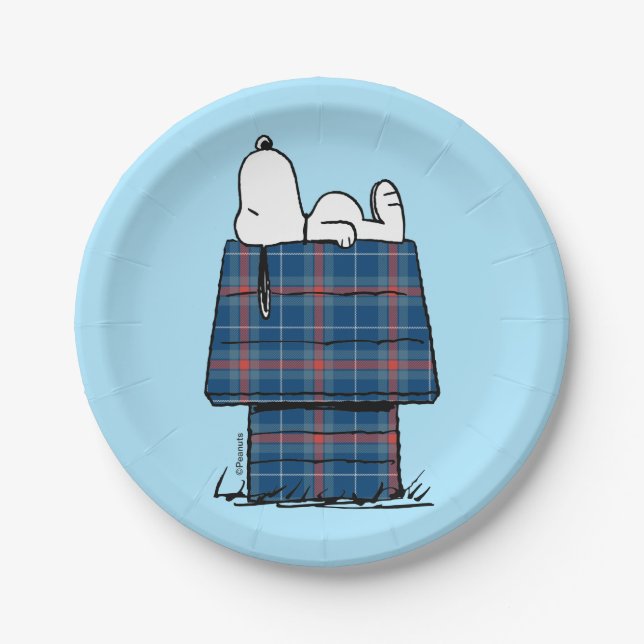 Plato De Papel Cacahuetes | Snoopy Plaid Flannel Holiday Dog Hous (Anverso)
