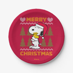 Plato De Papel Cacahuetes   Snoopy & Woodstock Santa Claus Hug