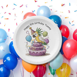 Plato De Papel cacatú encaramado en globos de torta de cumpleaños