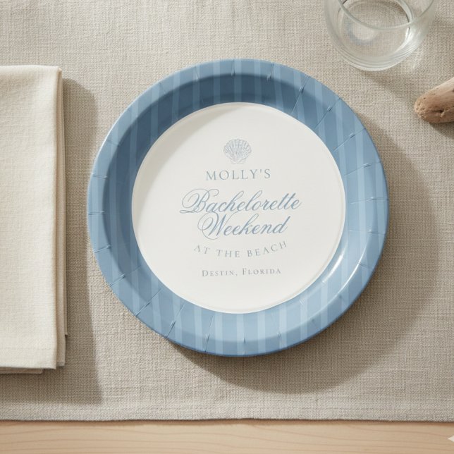 Plato De Papel Cachorra de raya azul costera (Coastal Blue Stripe Bachelorette Paper Plates)