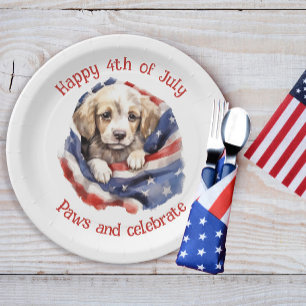 Plato De Papel Cachorro Adorable Bandera Americana Roja Blanca Az