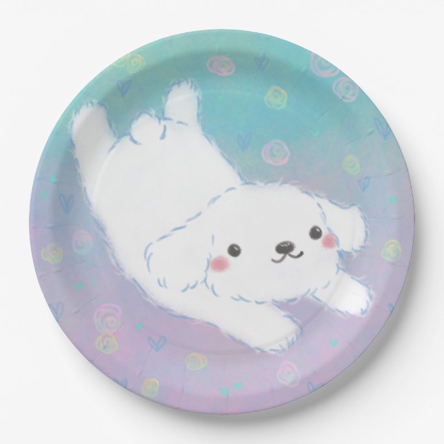 Plato De Papel Cachorro Adorable con Flores Pastel (Anverso)