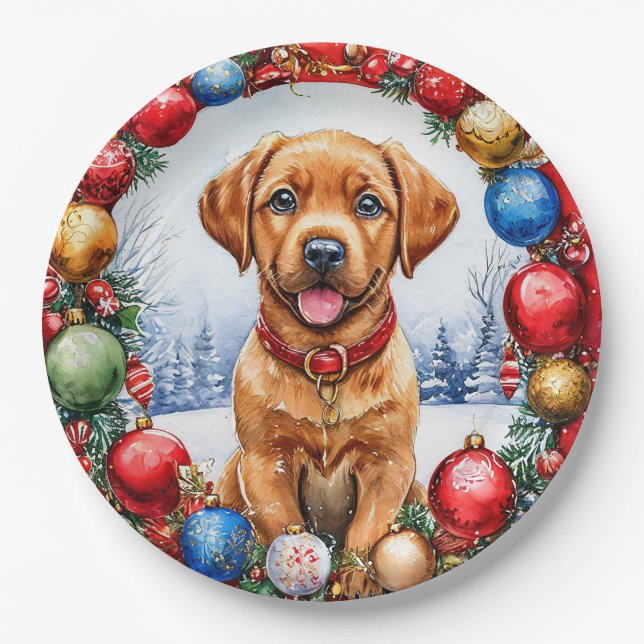 Plato De Papel Cachorro adorable rodeado de decoraciones navideña (Anverso)