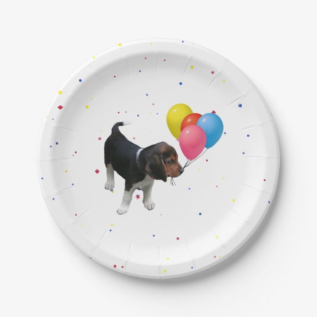 Plato De Papel Cachorro beagle con globos de papel Fiesta (Anverso)