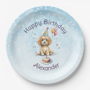 Plato De Papel Cachorro con Fiesta Gorra Cumpleaños
