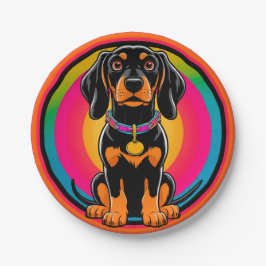 Plato De Papel Cachorro Dachshund Rodeado de Arcoíris Vibrante