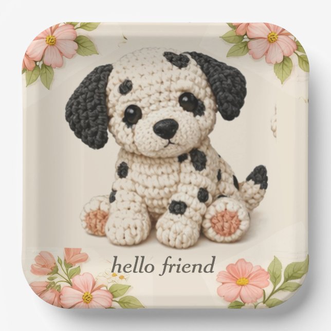 Plato De Papel Cachorro Dálmata Floral Adorable  (Anverso)