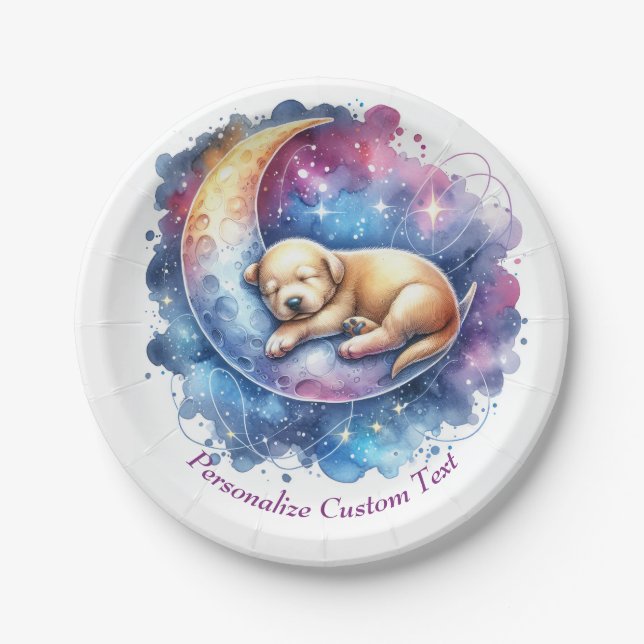 Plato De Papel Cachorro de bebé lindo durmiendo en la luna (Anverso)