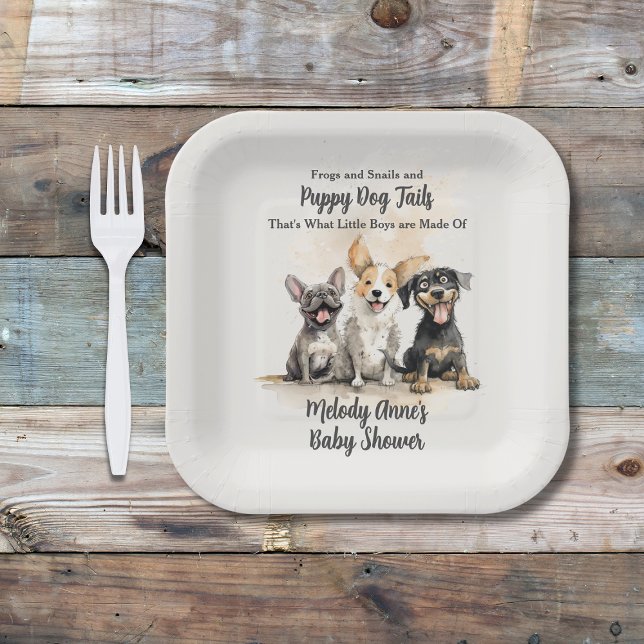 Plato De Papel Cachorro de cachorro en Baby Shower (Boy Baby Shower Puppy Dog Tails with Watercolor Puppies, Shower Details, Mom's Name.)