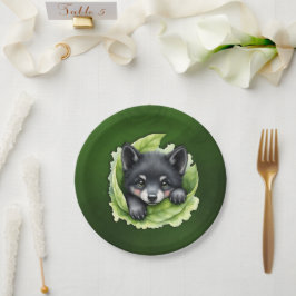 Plato De Papel Cachorro de lobo en el verde:
