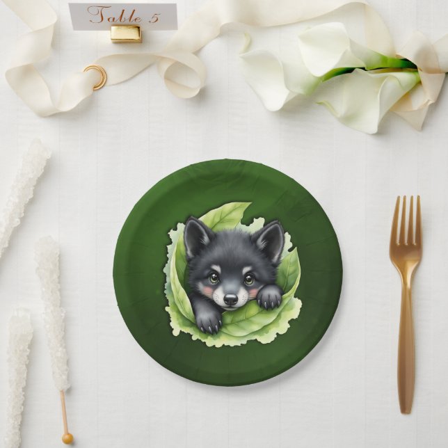 Plato De Papel Cachorro de lobo en el verde: (Boda)