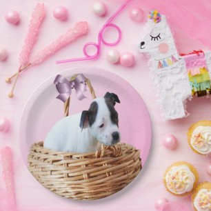 Plato De Papel Cachorro de Staffordshire En Una Cesta,