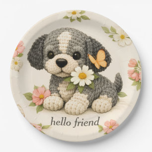 Plato De Papel Cachorro Gris Lindo Mariposa Floral =