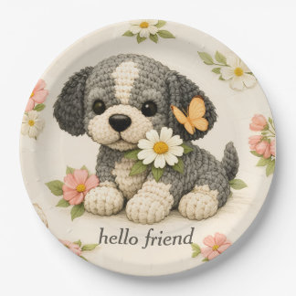Plato De Papel Cachorro Gris Lindo Mariposa Floral =
