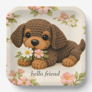 Plato De Papel Cachorro Marrón Adorable Floral