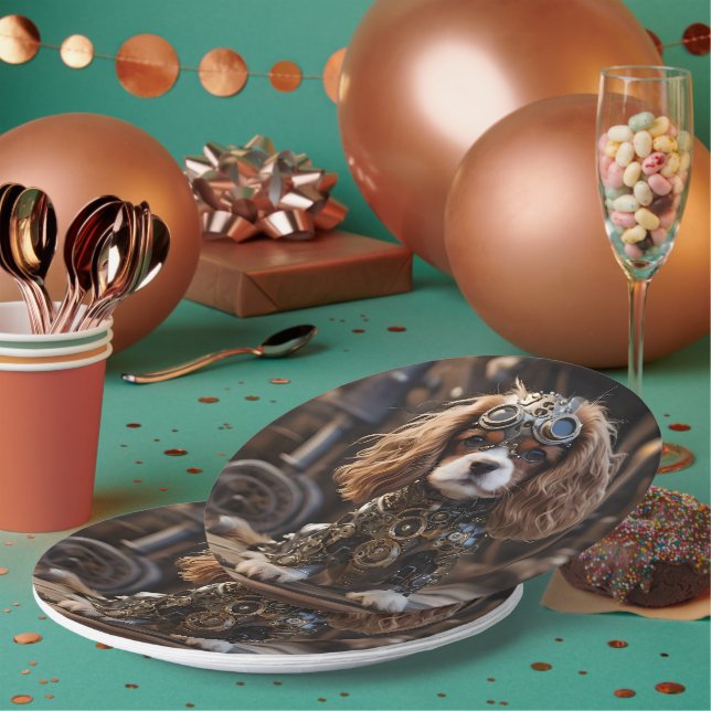 Plato De Papel Cachorro Nerdy Cavalier Spaniel Steampunked, (Multi)