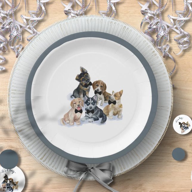 Plato De Papel Cachorro puro | Black Tie Elegant Cute Baby Shower (Pure Puppy | Black Tie Elegant Cute Baby Shower Paper Plates)