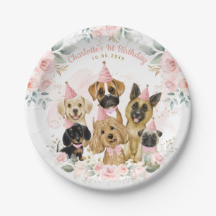 Plato De Papel Cachorros de Oro Rosa Perros Niñas Fiesta de Cump