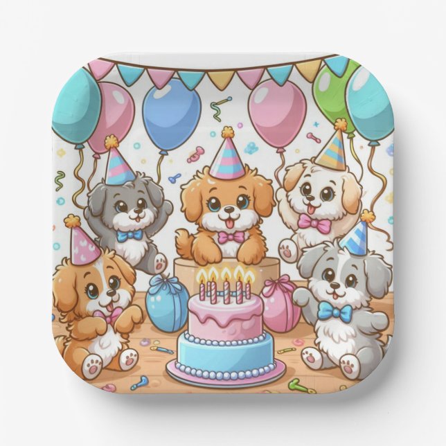 Plato De Papel Cachorros En Placas De Papel De Cumpleaños (Anverso)