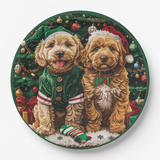 Plato De Papel Cachorros Goldendoodle de Navidad (Anverso)
