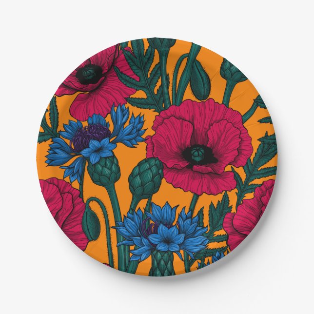 Plato De Papel Cachorros rojos y flores azules en naranja (Anverso)