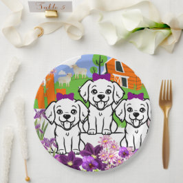 Plato De Papel Cachorros Y Flores