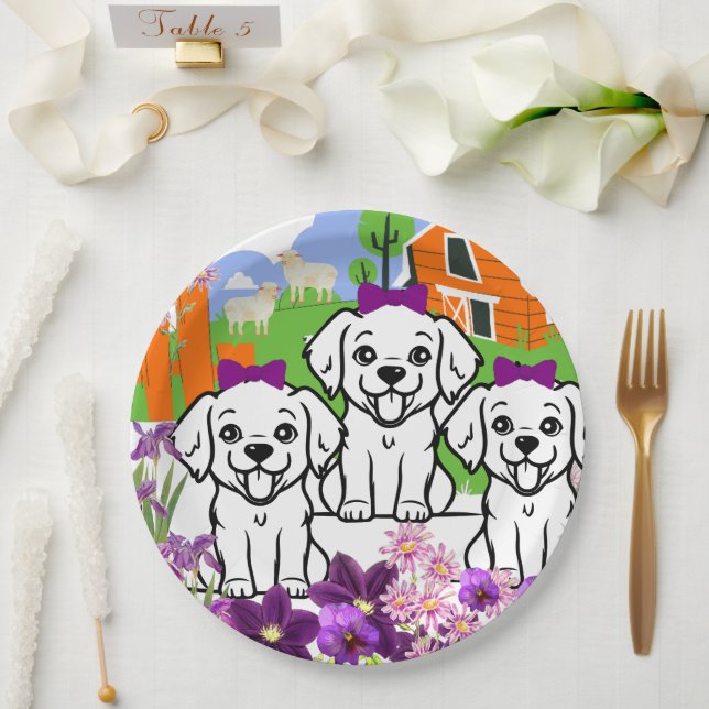 Plato De Papel Cachorros Y Flores (Boda)