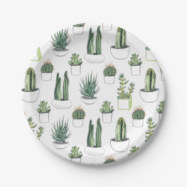 Plato De Papel Cacti acuarela y suculento (Anverso)