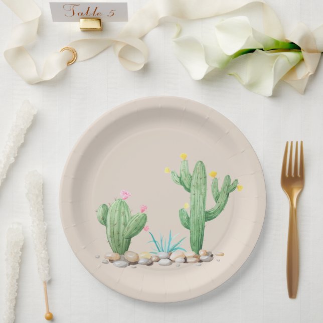 Plato De Papel Cactus acuarela (Boda)