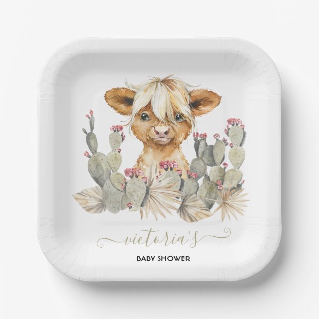 Plato De Papel Cactus Baby Shower de la vaca Highland (Anverso)