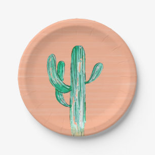 Plato De Papel Cactus de acuarela de Peach Southwestern Boda