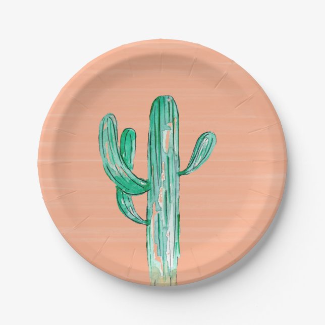 Plato De Papel Cactus de acuarela de Peach Southwestern Boda (Anverso)