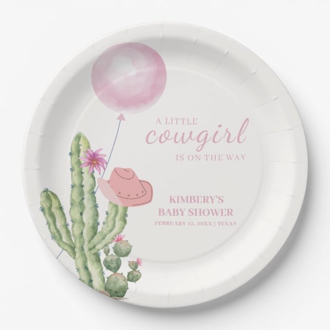 Plato De Papel Cactus de flores rosadas Balloon Cowgirl Baby Show (Anverso)