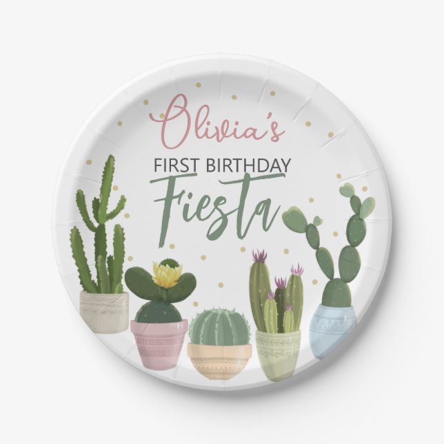 Plato De Papel Cactus Fiesta Primer Cumpleaños (Anverso)