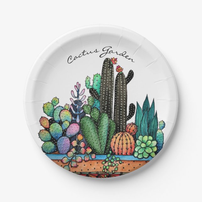 Plato De Papel Cactus Garden Cute Watercolor En Pot (Anverso)