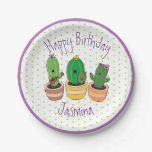 Plato De Papel Cactus gracioso trío ilustracion personalizado