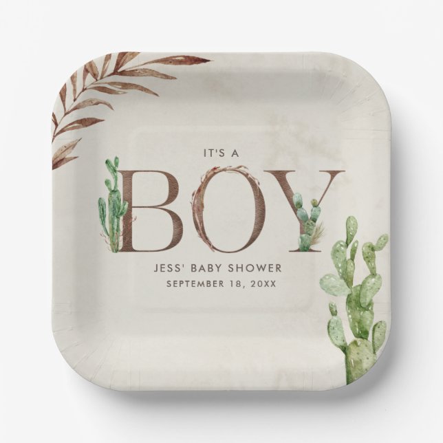 Plato De Papel Cactus Leather Boy Baby Shower (Anverso)