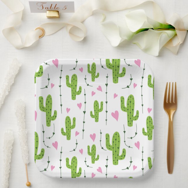Plato De Papel Cactus lindo con corazones en verde (Boda)