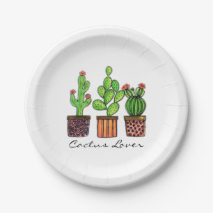 Plato De Papel Cactus lindo de la acuarela en potes