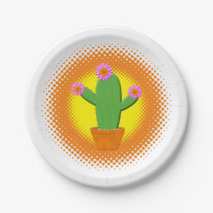 Plato De Papel Cactus Personalizado Cuto Con Flores Rosa
