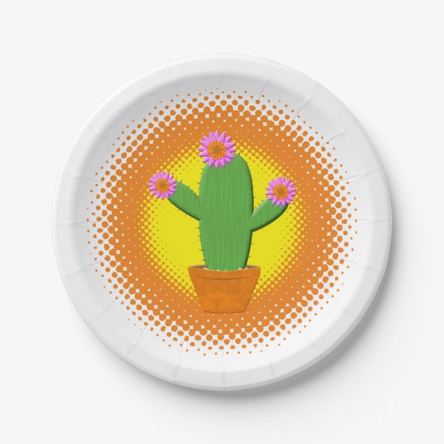Plato De Papel Cactus Personalizado Cuto Con Flores Rosa (Anverso)