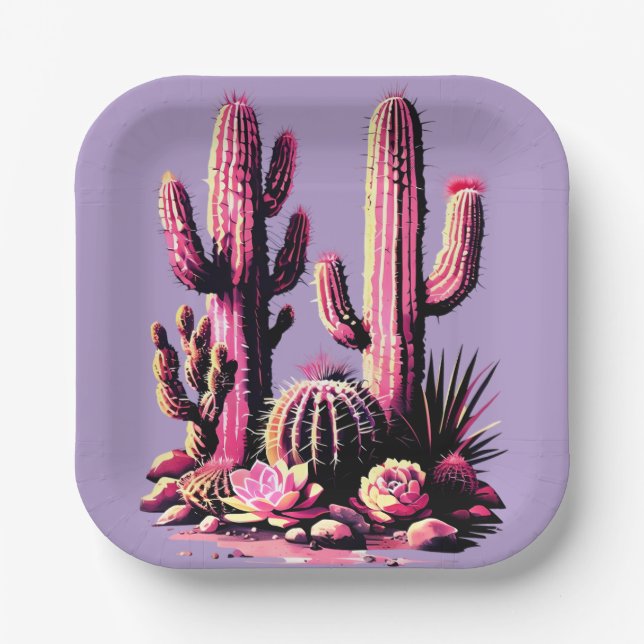 Plato De Papel Cactus Rosas Lote - Fondo Morado Claro (Anverso)
