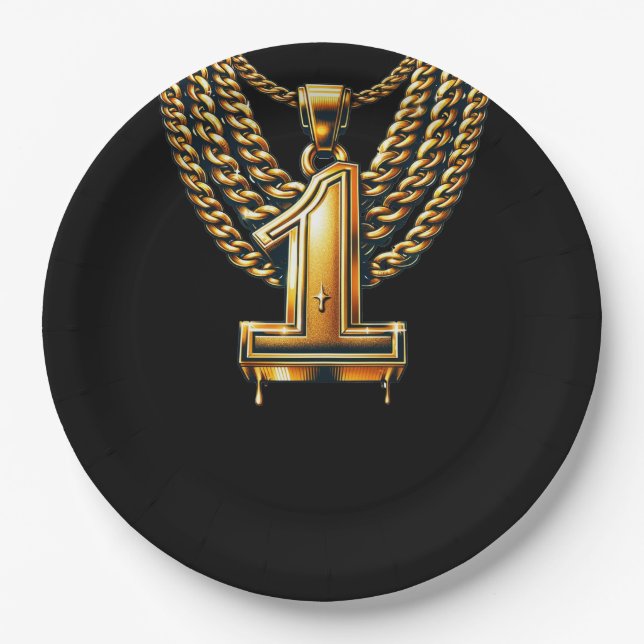 Plato De Papel Cadena de Oro 1 Gota #1 Fiesta de Cumpleaños 1er (Anverso)