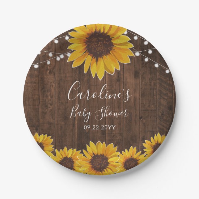 Plato De Papel Cadena Rustic Sunflower Luces Wood Baby Shower (Anverso)