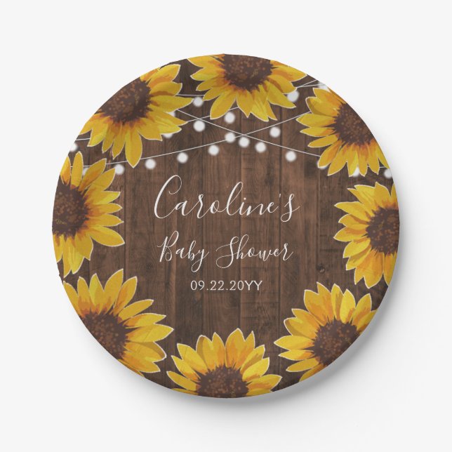 Plato De Papel Cadena Rustic Sunflower Luces Wood Baby Shower (Anverso)