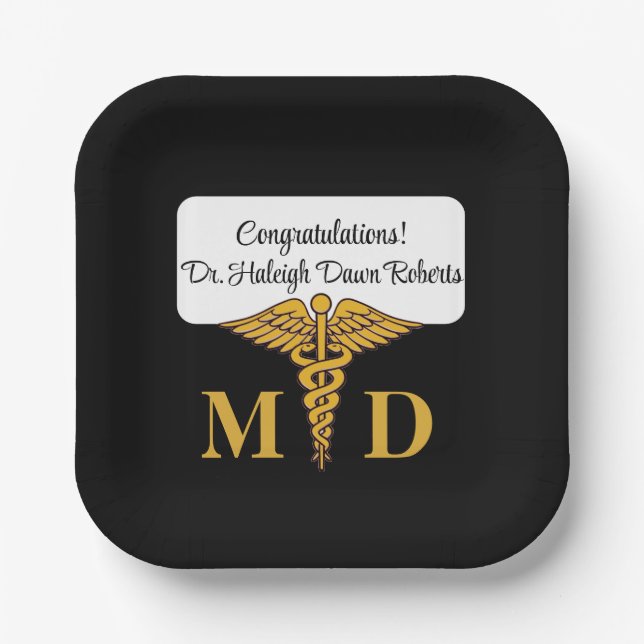 Plato De Papel Caduceus Black & Gold Medical School Graduation (Anverso)