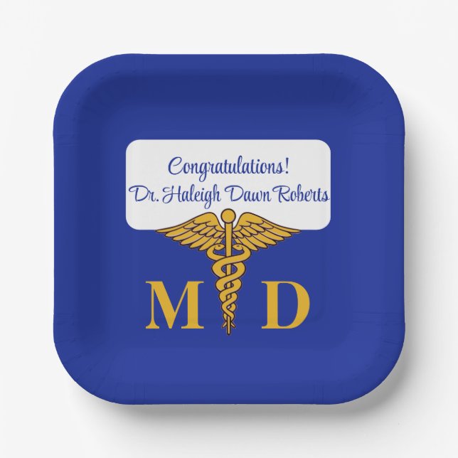Plato De Papel Caduceus Blue & Gold Medical School Graduation (Anverso)