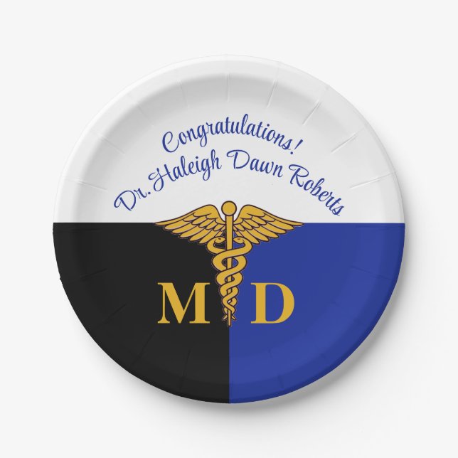 Plato De Papel Caduceus Blue/White/Black Med School Graduation (Anverso)